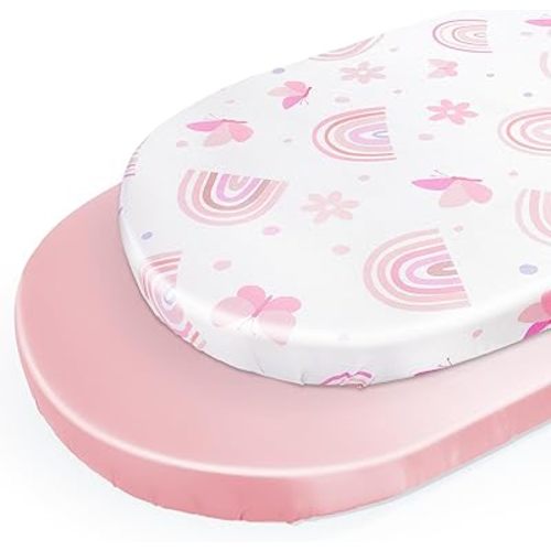 Unicorn Castle Satin Bassinet Sheets Baby 2 Pack Soft for Baby Hair Skin Fitted Bedside Bassinet Sheets for Newborn for Oval Rectangle Hourglass Bassinet Mattress,White Butterfly- Pink