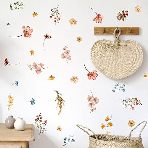 Watercolor Flower Wall Decals Boho Floral Wall Stickers Green Leaves Walls Art Decor Decals Peel and Stick Rustic Botanical Plant Vinyl Art Mural Wallpaper for Kids Girls Bedroom Baby Room Nursery
