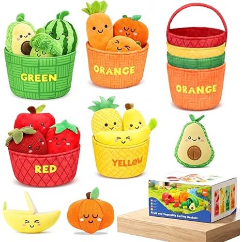Montessori Baby Sensory Toys 6-12 Months - 16PCS Soft Plush Fruits & Vegetables Basket with Crinkle, Rattle & Color Sorting, Fine Motor Skills Learning Toy for 1 Year Old Toddlers Boys Girls