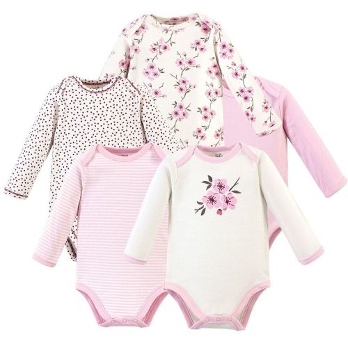Touched by Nature Baby Girl Organic Cotton Long-Sleeve Bodysuits 5pk, Cherry Blossom