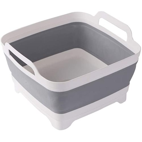 9L (2.4Gallon) Dish Basin Collapsible with Drain Plug Carry Handles , Space Saveing Kitchen Storage Tray Dish Wash Basin, Portable Dish Tub, Foldable Dishpan for Camping Portable Dish Washing(Gray)