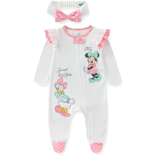 Disney Minnie Mouse Daisy Duck Baby Girls Long Sleeve Footies Coverall Romper With Headband for Newborn and Infant