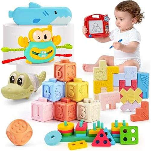 8-in-1 Montessori Baby Toys for 6-12 Months,Babies Travel Toy Set with Stacking Blocks, Pull Teether, Sensory Shape Sorter, Drawing Board & Harmonica, Infant Learning Gift for Toddler 1-3 Year Old