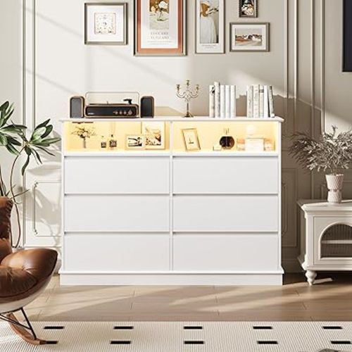 IDEALHOUSE 6 Drawer Dresser for Bedroom with LED Lights & Charging Station, Modern White Dresser with LED for Bedroom, Wide Chest of 6 Drawers with Open Storage Shelf for Living Room, Hallway, Closet