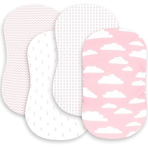 Bassinet Bed Sheets – Premium Bassinet Fitted Sheets 4 Pack – 100% Jersey Knit Cotton Cradle Sheets – Bassinet Bedding for Standard Size Oval or Halo Bassinet Pads – Bassinet Sheet for Girl