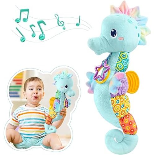 Baby Toys 0 to 12 Months, Musical Stuffed Animal Activity Soft Toys with Multi-Sensory Crinkle, Rattle and Textures, Infant Tummy Time Toys for Newborn Boys, Seahorse, Blue