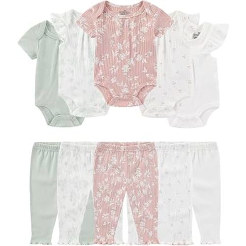 ZAVBABY Baby Bodysuit and Pant Set Cotton Ribbed Mix Infant Girl Clothes | Unisex newborn summer outfits 10-pcs,neutral and sweet style mixed bundle gift clothing set