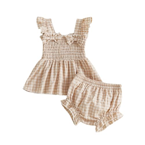 CIYCUIT Infant Baby Girl Summer Smocked Clothes Floral Ruffle Shirt Tops Bloomers Shorts Toddler Cute Outfits Set