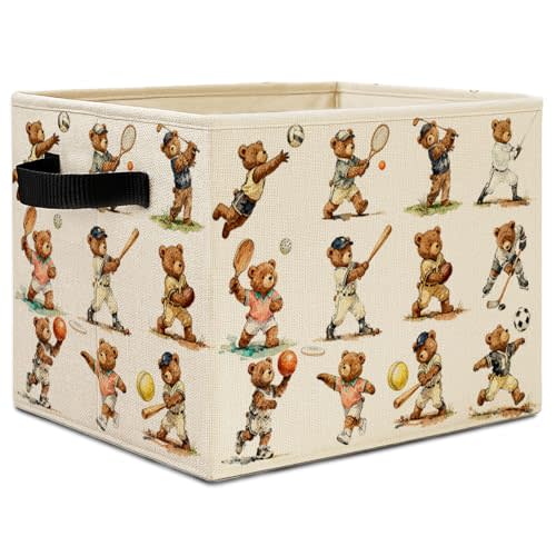 Sports Bear Nursery Storage Bins, Vintage Bears Playing Balls Collapsible Storage Basket Organizer for Kids Sports Room Nursery Bathroom Clothes Toys Books, Toybox for Boys