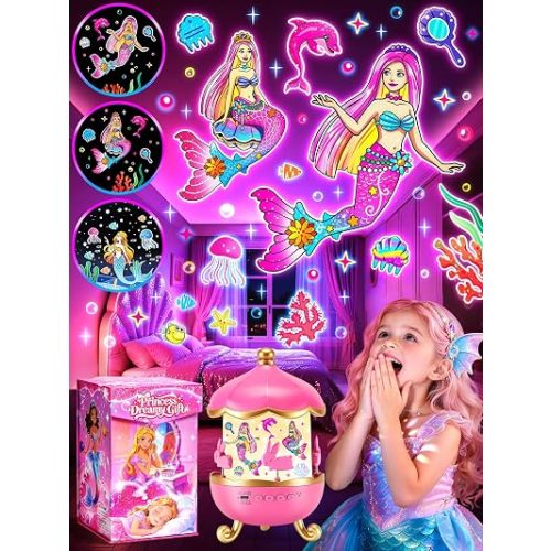 Little Mermaid Toys, 15 Soothing Sounds+18 Films+378 Colors Kids Night Light Projector, 360°+Remote+Cordless+Pink Mermaid Birthday Gifts for Girls, Princess Toys Princess Room Decor[Dreamy Packaging]