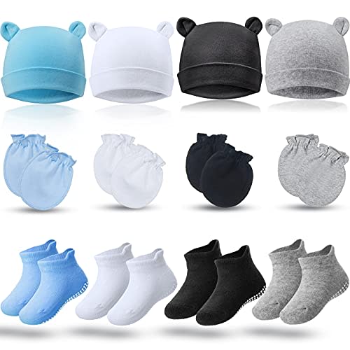 4 Sets Newborn Baby Hat and Mittens Toddler Beanie Cap Non Slip Socks for 0-6 Months