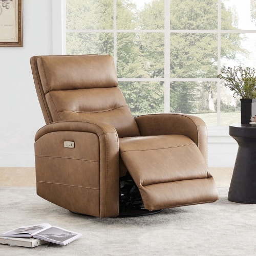 CHITA Power Glider Recliner Chair, 270° Swivel Recliner with Power Headrest for Nursery, Faux Leather in Camel