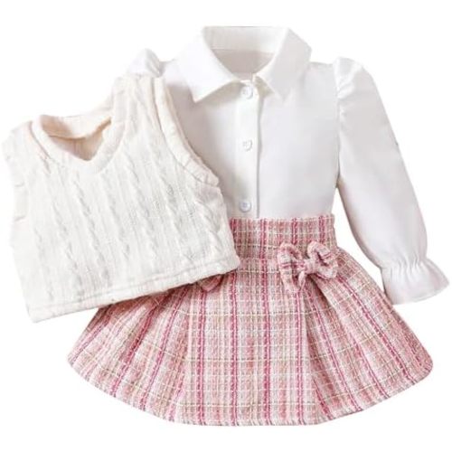 ChuYuKu Baby Girl Fall Clothes 6M-4Y Puff Sleeve Blouse+Tartan Pleated Skirt+Vest Set, Infant Toddler Girl Outfits