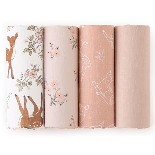 david's kids 4 Pack Baby Muslin Swaddle Blankets, 100% Cotton and Ultra Soft Breathable Receiving Blanket Wrap for Girls, New Born Essentials, Large 47 x 47 inches, Animals & Floral