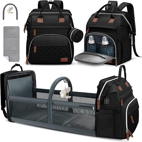 DERJUNSTAR Diaper Bag Backpack – Large Capacity Baby Diaper Bag with Changing Pad, Waterproof Travel Backpack for Boys & Girls, Multi-Function Baby Bag with USB Charging Port, Black