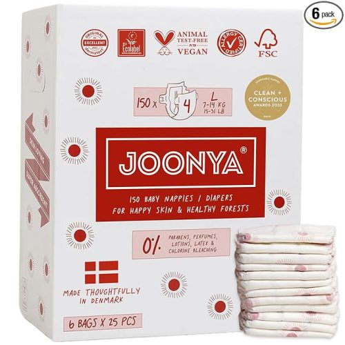 Joonya Baby Diapers, Size 4 L (15-31 lb) - 6 Bags of 25 (150) - Non Toxic, Eco-Friendly, High Absorbency, Overnight Use, Ultra Slim & Soft - Made in Denmark