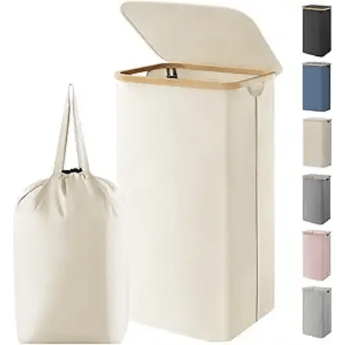 Lifewit 100L Laundry Basket with Lid, Clothes Hampers for Laundry with Bamboo Handles and 1 Removable Bag, Large Foldable Laundry Hamper for Bedroom, Bathroom, Dorm, Laundry Room, White