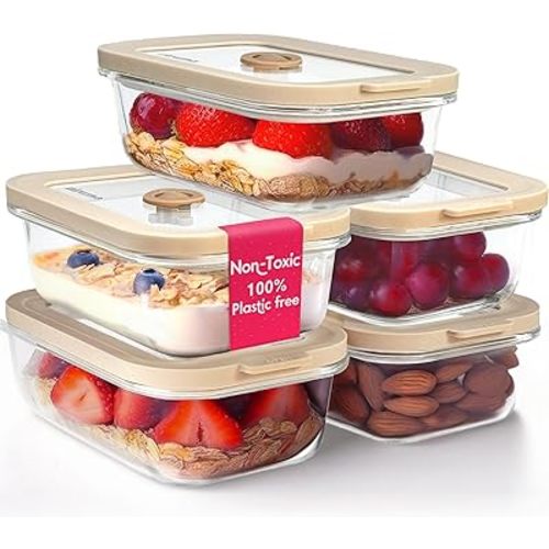 Ziruma Non-Toxic 1.5 cup Glass Food Storage Containers with Lids - Overnight Oats Container, Plastic Free Meal Prep, Reusable Airtight Food Storage, Microwave and Freezer Safe, 5 Pack