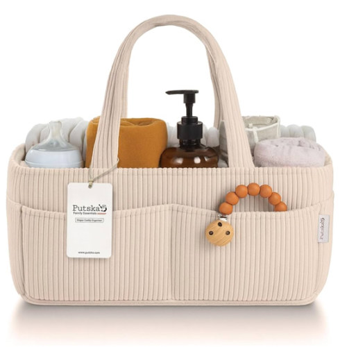PUTSKA Baby Diaper Caddy Organizer for Changing Table – Stylish Nursery Storage Basket, Newborn Essentials, Baby Shower Gifts and Registry Must-Haves for Boy or Girl, Car Diaper Caddy, Corduroy Cream