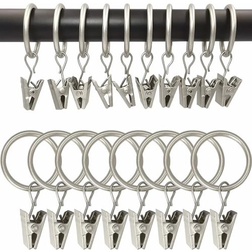 100 Pack Matte Silver Curtain Rings with Clips, Curtain Hooks Hangers Clip Rings for Hanging Drapes Bows Hat, Drapery Rings 1 in I D, Fits up to 5/8 in Diameter Curtain Rod.