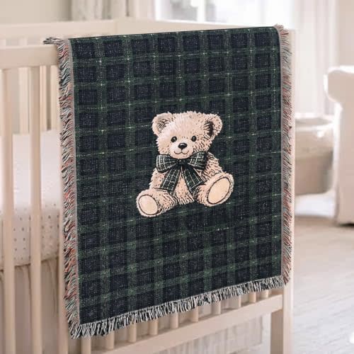 Fanfanwin Plaid Bear Woven Blanket Tartan Green Reversible Cotton Throw Blanket 37 x 52 in Chenille Knitted Bear Tapestry with Tassels Home Decor for Couch Sofa Bed Nursery Baby Shower