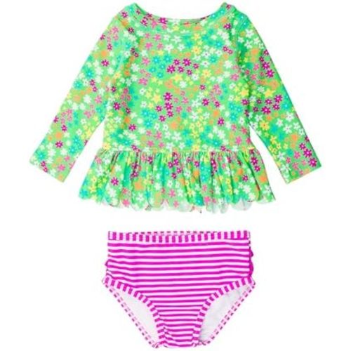 RuffleButts Baby/Toddler Girls Scalloped Long Sleeve Rash Guard 2-Piece UPF50+ Sun Protected Swimsuit