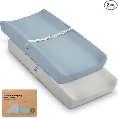 2-Pack Organic Changing Pad Covers for Girl, Boy, Neutral - 100% Cotton Changing Table Pad Cover, Soft Baby Nursery Diaper Changing Pad Sheets, Contour Changing Pads Liners, Change Pad Cover (Steel)