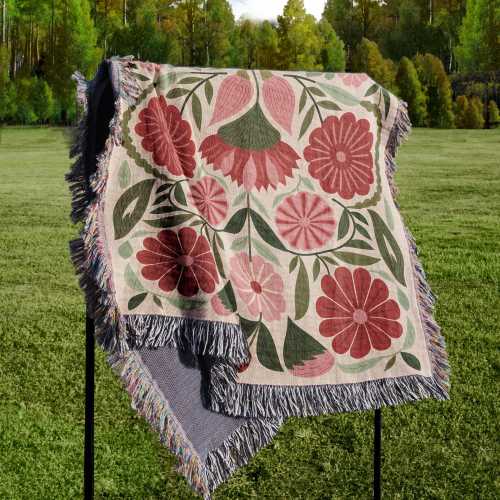 Floral Woven Blanket Vintage Style with Botanical Art, Cozy Throw for Cottagecore Home Decor