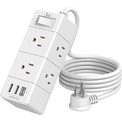 5Ft Outlet Extender Power Strip - Tcstei Flat Plug Extension Cord with 6 Outlets and 3 USB Ports(1 USB C), 3 Side Wall Mount Outlet Extender for Home Dorm Room Essentials, ETL Listed, White