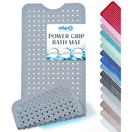 SlipX Solutions Power Grip Bathtub Safety Mat | Precision Grip Technology for Longer, Stronger, & Softer Wet Surface Protection | Solid Gray 39"x16"
