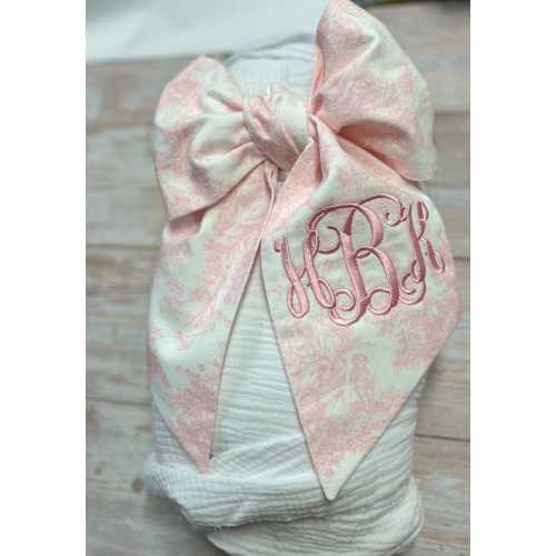 Monogrammed Baby Bow for swaddle, Swaddle blanket bow, large baby bow,monogram bow,baby shower gift, bow wrap,blue toile bow ,pink toile bow