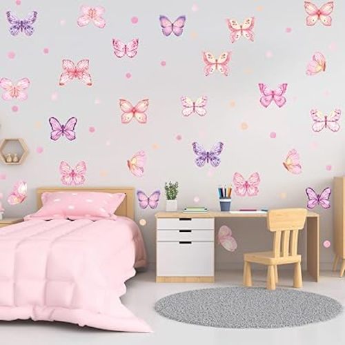 Pink Butterfly Wall Stickers, Plot Dots Wall Decals for Bedroom