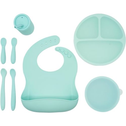 WeeSprout Baby Led Weaning Bundle, Silicone Suction Bowl, Spoons, Bib & Cup, Develops Self Feeding Skills, Dishwasher Safe (Mint)
