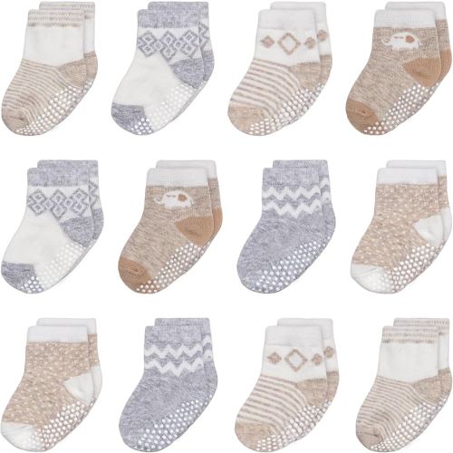 Mother's Choice Organic Cotton Baby Socks 6-12 Months, 12 Pairs Unisex Anti Slip - Soft & Hypoallergenic Baby Girl & Boys Socks (US, Age, 6 Months, 12 Months, Brown & White)