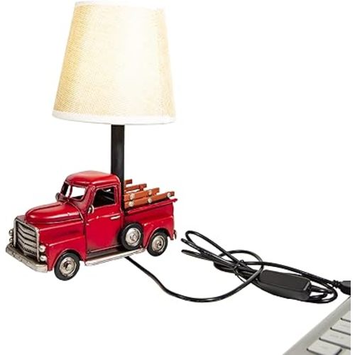 YCHTEWY-Unique Rustic Red Vintage Truck USB Table Lamp with Burlap Shade,Cozy Night Light,Compact & Durable, Perfect for Desktops, Side Tables, or Shelves,6.7 x 4.7 x 6.7 inches