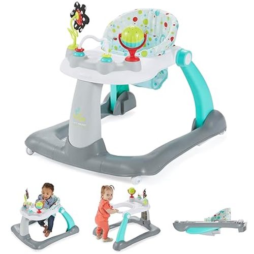Kolcraft Tiny Steps 2 in 1 Foldable Infant and Baby Walker with Wheels, Seated or Walk Behind Activity Center, Entertaining Developmental Activities for Boys and Girls, Wide Base Sturdy Frame, Bubbles