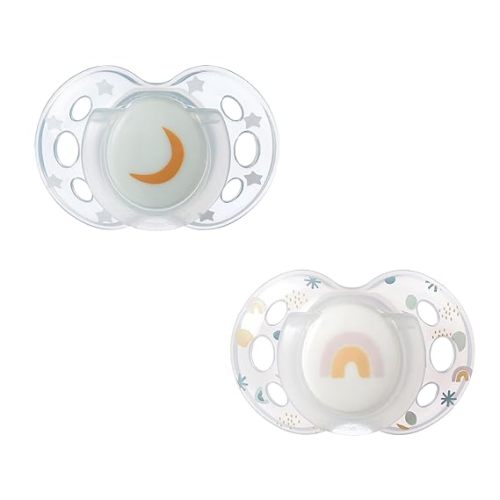 Tommee Tippee Night Time Glow in the Dark Pacifiers, Symmetrical Design, BPA-Free Silicone Nipple, Includes Sterilizer Box, 18-36 months, Pack of 2 Pacifiers