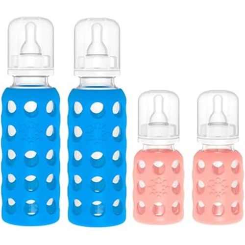 Lifefactory Glass Baby Bottle BPA Free | Protective Silicone Sleeve | 4 oz/9 oz Pack of 4 | Cobalt Blue, Cantaloupe