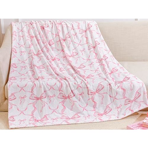 Buryeah Pink Bow Throw Blanket Preppy Blanket Coquette 50" x 60" Flannel Soft Cute Bow Decor Lightweight Aesthetic Room Christmas Thanksgiving Decor Gifts for Women Friends for Sofa Couch Travel Bed