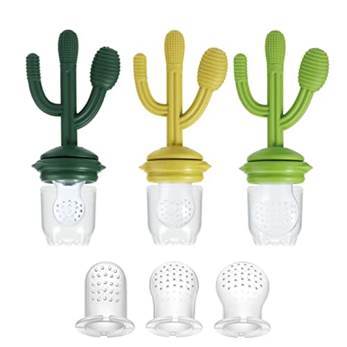 PandaEar Baby Fruit Food Feeder Pacifier, 3 Pack Silicone Feeder Cactus Shape Teething Toy Teether 3 Sizes Silicone Pouches for Babies Toddlers Infants Kids, BPA-Free Food Grade Soft Safe (Green)
