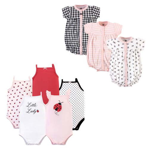 Hudson Baby Infant Girl Cotton Bodysuits and Rompers, 8-Piece, Ladybug, 0-3 Months