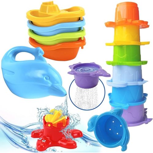 uToyz Bath Toys for Toddlers – Toddler Toys with 12pcs Rainbow Stacking Cups, Boats, & Dolphin-shaped Baby Watering Can, Baby Bath Gift & Toddler Toy for One Year Old Girl Gifts, Water Toy for Ages 1+