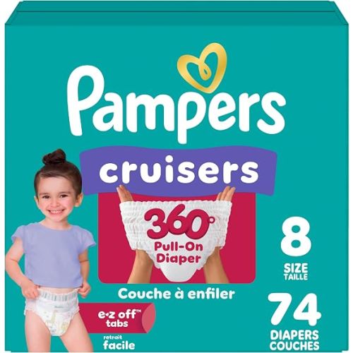 Pampers Diapers - Cruisers 360° - Size 8, 74 Count, up to 100% Leakproof Fit, Designed for Active Babies, Pull On Diaper