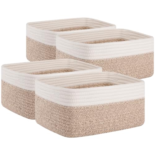 OIAHOMY 4 Pack Storage Baskets for Organizing, Small Bins for Shelves, Cute Decorative Storage Bins, Organizer Baskets for Gifts Empty, 13''Lx8.7''Wx5.1''H, Brown/White