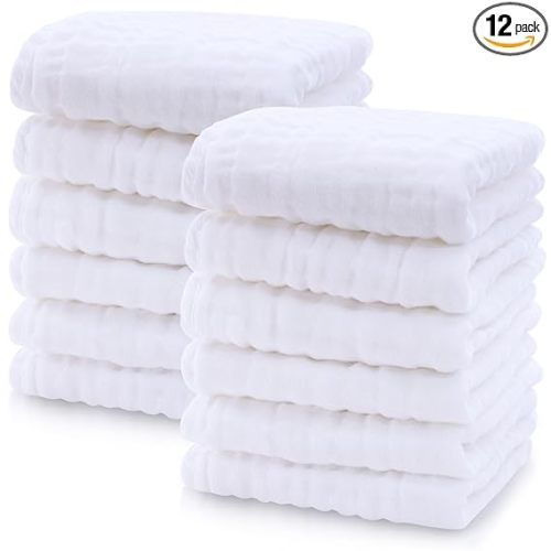 Cute Castle 12 Pack Muslin Baby Washcloths - Large 12'' by 12'' - Ultra Soft 100% Cotton - Super Absorbent Burp Cloths for Unisex, Boy, Girl -White