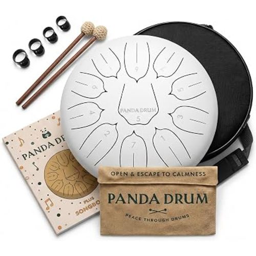 Panda Drum Plus (White) | Steel Tongue Handpan with Music Book, Mallets, Carrying Bag & Finger Picks | 11 inch, 432 Hz | Rain Drum for Inside & Outside | Calming Musical Instrument for Adults & Kids