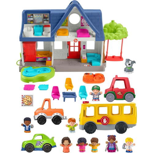 Fisher-Price Little People Toddler Gift Set Play House & School Bus Set with 8 Figures, 3 Vehicles, Musical Toys & Interactive Play Pieces