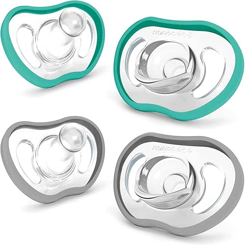 Nanobebe Active Baby Pacifiers 4-36 Months - Orthodontic, Lightweight and Vented, Curves Comfortably with Face Contour, 100% Silicone - BPA Free, Perfect Baby Registry Gift 4pk, Teal/Grey