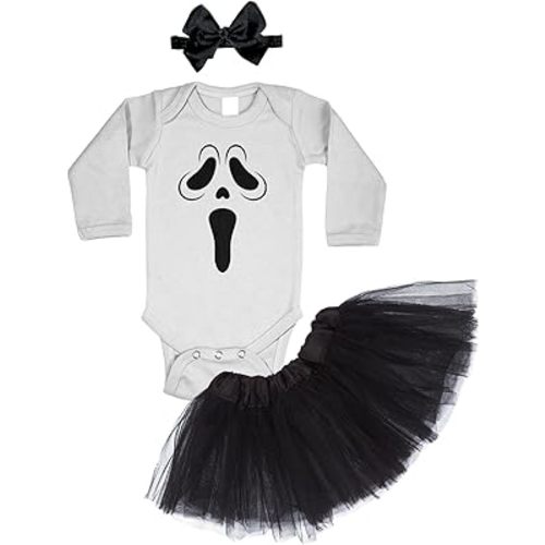 Tcombo Slasher Movie Mask - Ghost Baby Bodysuit + Tutu Skirt + Bow Headband Set
