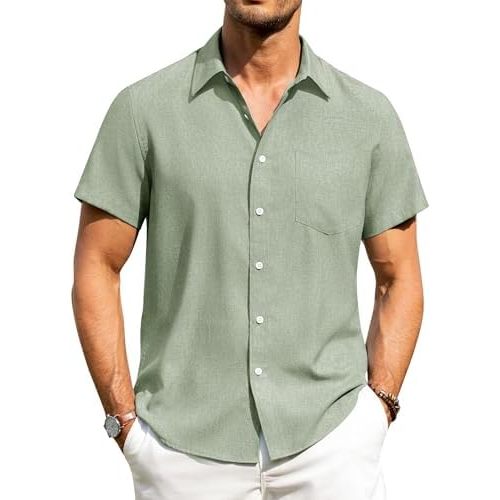 Alimens & Gentle Mens Linen Shirts Short Sleeve Button Down Shirts Wrinkle Free Casual Vacation Beach Summer Tops